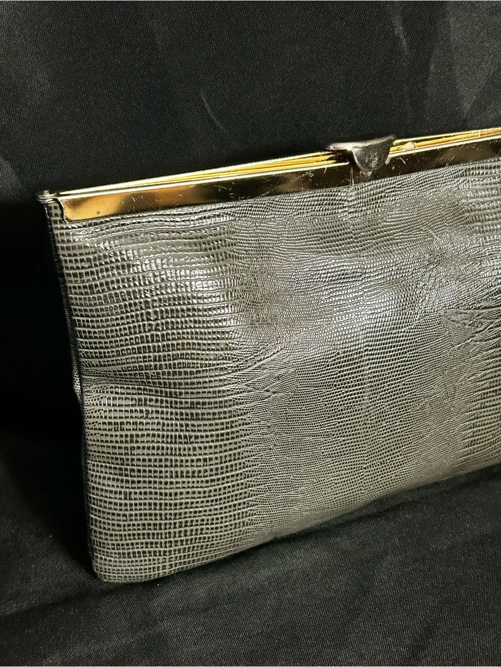 Vintage Textured Grey Clutch with Gold Frame